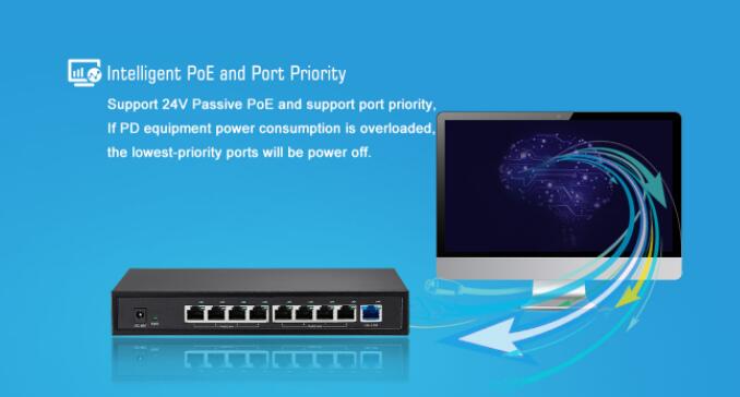 24V Passive 8 Channel POE Switch Fast Ethernet Switch Eco - Friendly